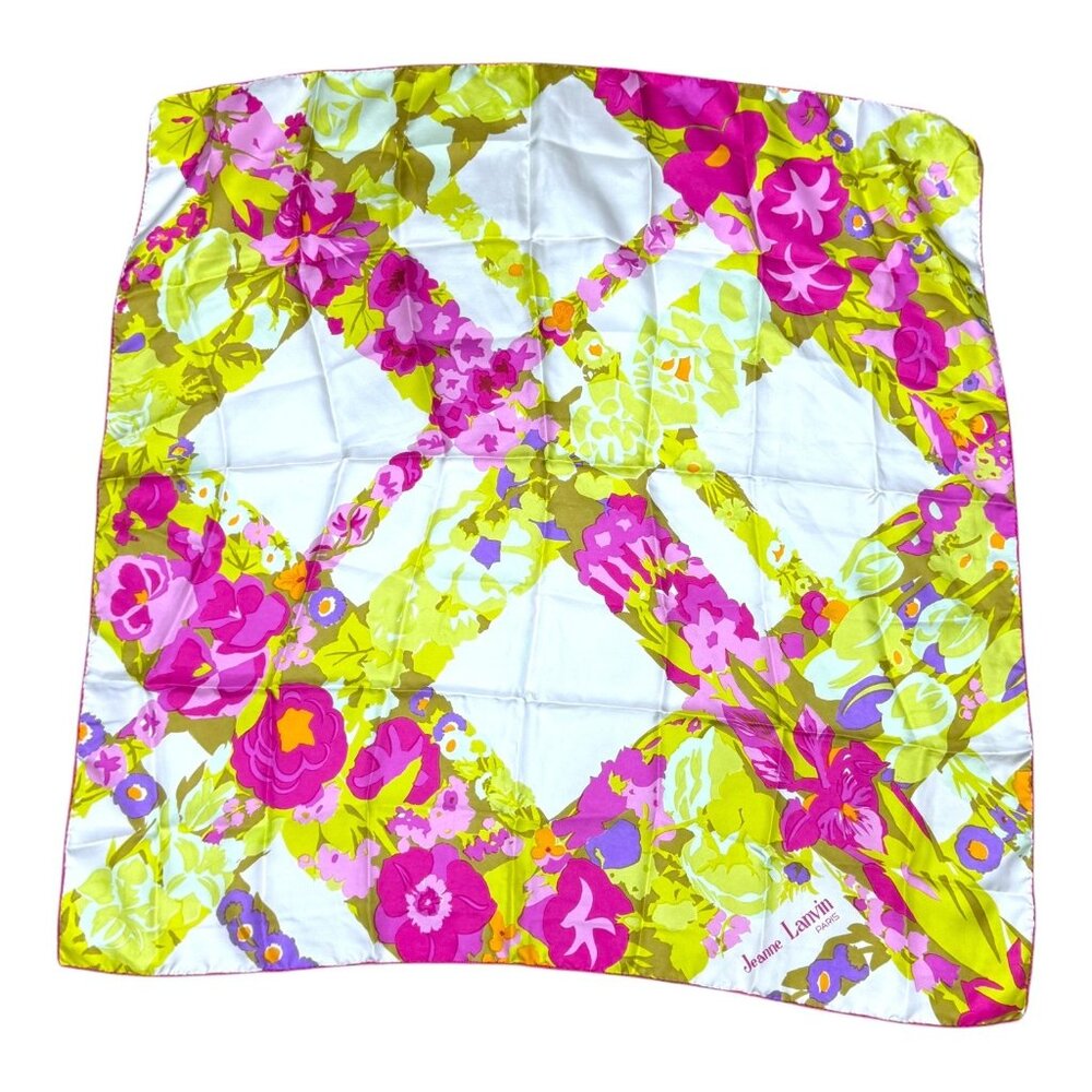 Vintage Jeanne Lanvin Paris 100% Silk Scarf 29" Floral Lattice Made In France